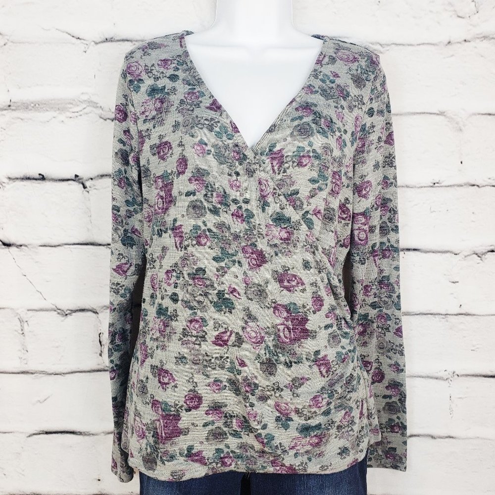 Rock & Republic Faux Wrap Gray and Floral Top Sz L